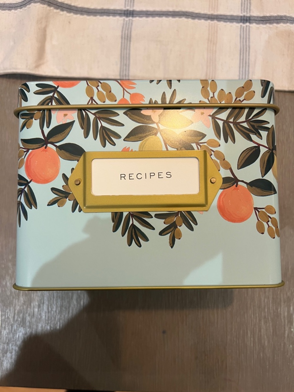 Recipe Tin Box - Blue Floral Orange Print